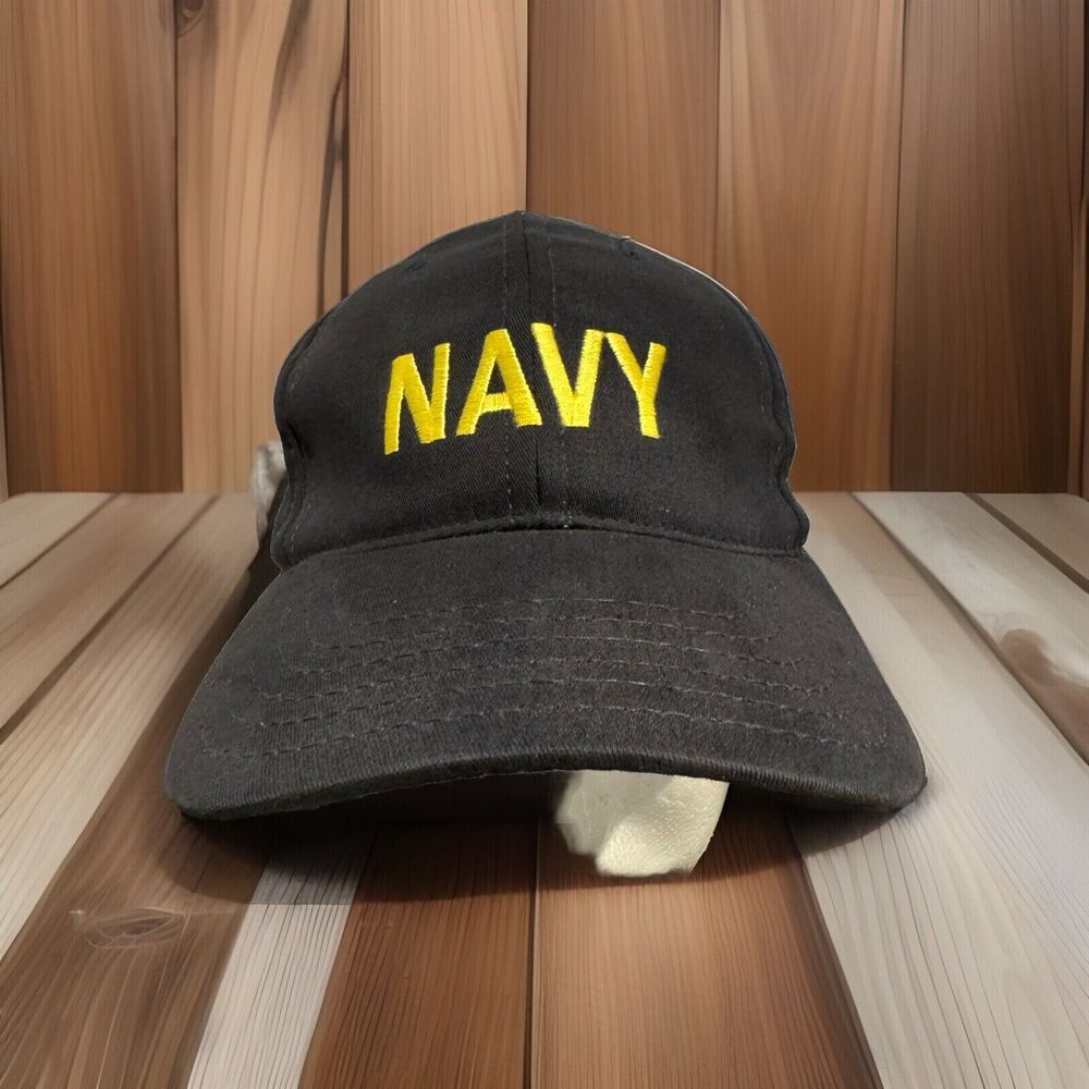 USA Go Navy Blue Stretch Fit Hat Cap Gold Embroidered Military USN Recruiting